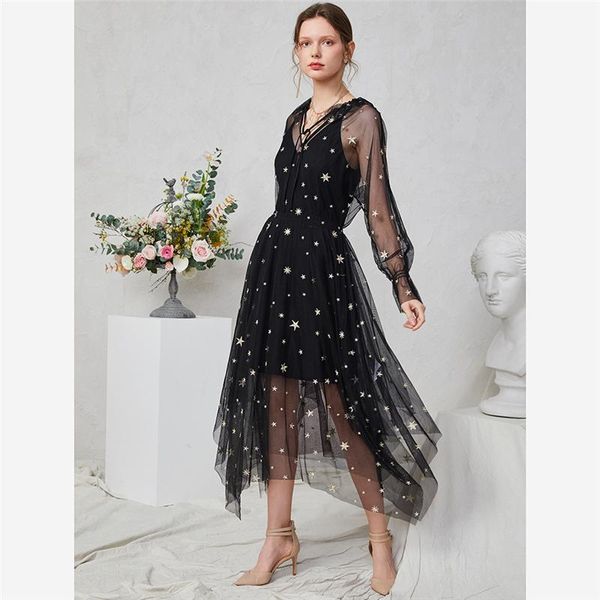 

casual dresses summer black dress woman 2021 v-neck elegant lace stars party bubble sleeve maxi asymmetric office lady embroidery, Black;gray