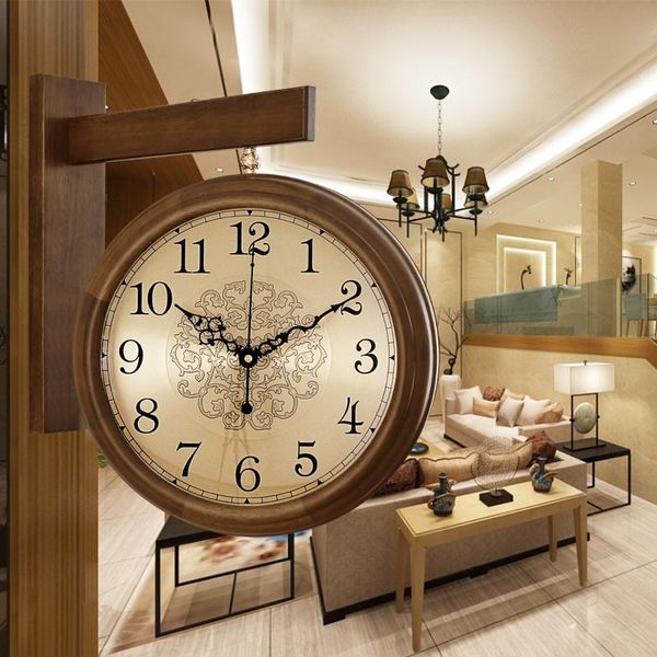 

wall clocks chinese double-sided clock simple fashion wood living room mute digital wandklok home decor 50wc