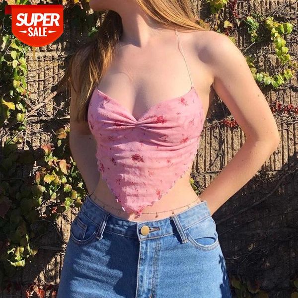 

Printed Floral V Collar Camis Cross Strap Women Crop Top Backless Ruched Short Tops Irregular Mesh Camisole Y2K Female Camisoles #Rq4p, White