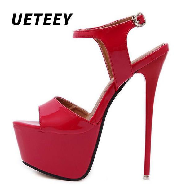 

ueteey big shoe size 41 42 43 44 45 46 16cm high heels sandals summer open toe party dress platform gladiator women shoes, Black