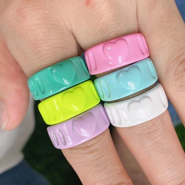 

10pcs 2021 lovely punk hyperbole heart pattern colorful enamel color geometric chain rings for women summer jewelry, Silver