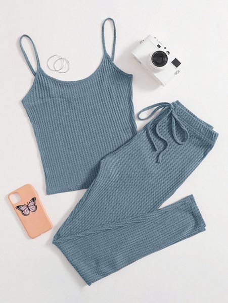 

waffle knit cami & knot waist leggings set 17w7#, White
