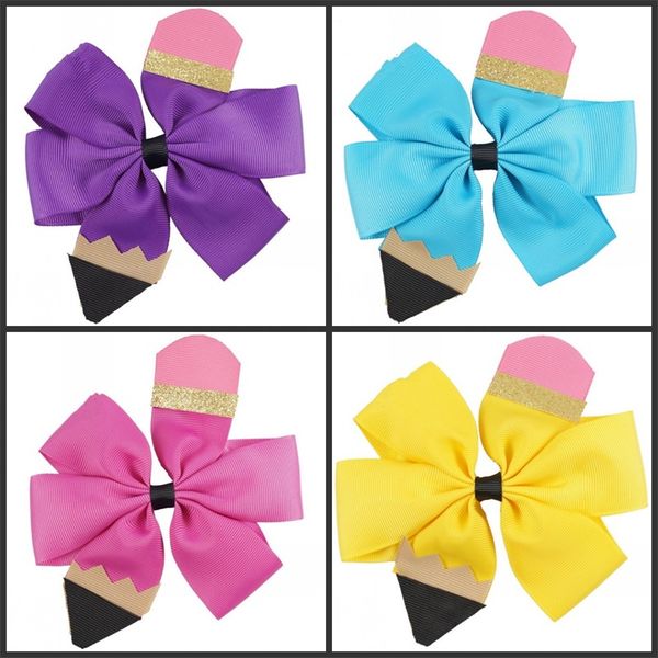 

kids bow hair clip back to school girl handmade thread hair accessories color stitching pencil floral headdress 181 y2, Slivery;white