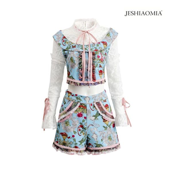 

2021 autumn lace patchwork print cropped & shorts set, White