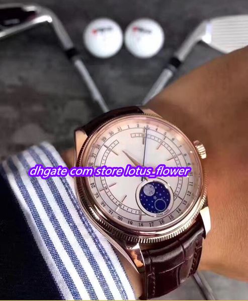

4 style watches for men steel rose gold mechanical 2813 watch men's cellini 50535 leather enamel moonphase date moon display wristwatch, Slivery;brown