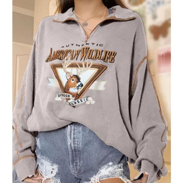 

2021 animal deer letter print vintage sweatshirt women polo collar casual oversized warm fleece winter pullovers autumn new girls igc7, Black
