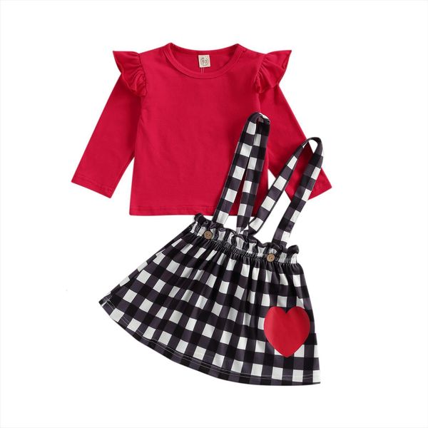

focusnorm 1 4y valentines day infant kids girls clothes sets 2pcs long sleeve pullover heart plaid strap dress, White