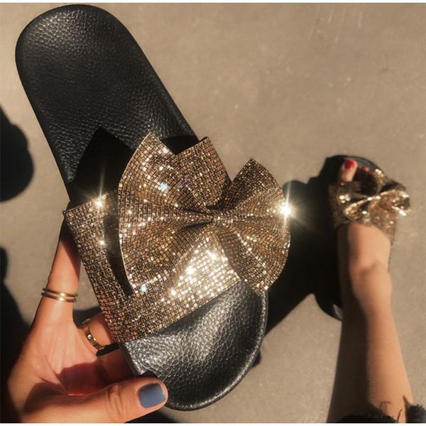 

slippers women glitter slides home woman bling bowtie ladies casual female flat crystal beach shoes flip flops 2021, Black