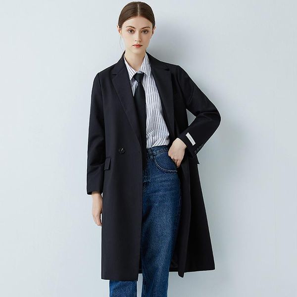 

women's trench coats black suit collar coat autumn winter 2021 elegant fashion double breasted loose wide-waisted long blazer, Tan;black