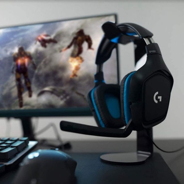 

g432 wired gaming headset, cell phone earphones 7.1 surround sound, dts headphone:x 2.0, flip-to-mute mic, pc (leatherette) black/blue