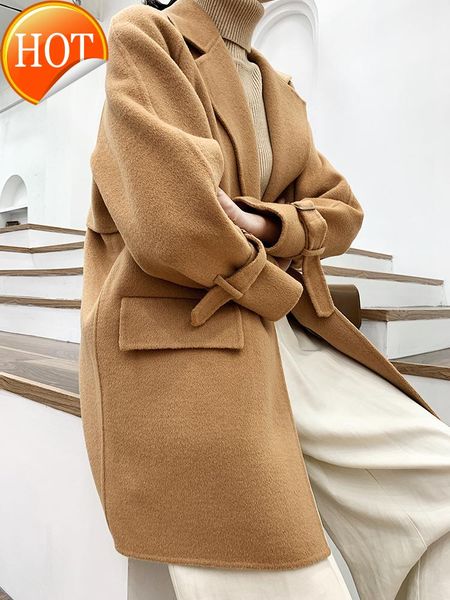 

women's two piece pants coat double-sided cashmere mid-length 2021 fall/winter loose slimming high-end wool woolen, White