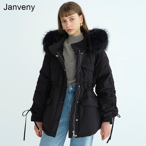 

women's down & parkas janveny 2021 winter large fur collar hooded feather jacket women warm short loose high waist drawstring thick puf, Black