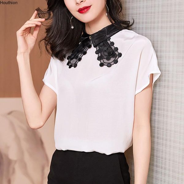 

women's blouses & shirts chiffon loose blouse fashion solid color lace casual short sleeve blusas summer houthion, White