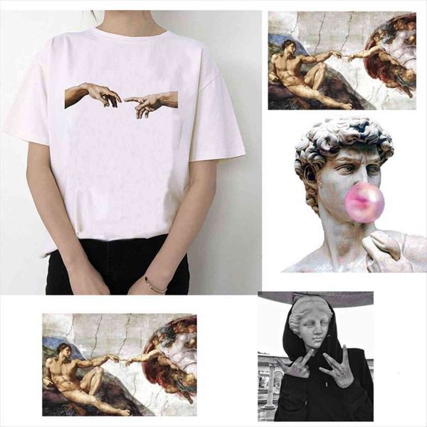 

michelangelo david hands print femaale women clothes aesthetic harajuku ulzzang graphic 90s summer top, White