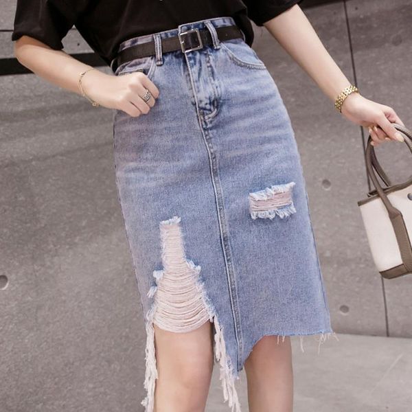 

skirts jujuland women's denim skirt high waist hole tassel jeans tight blue straight knee-length 6117, Black