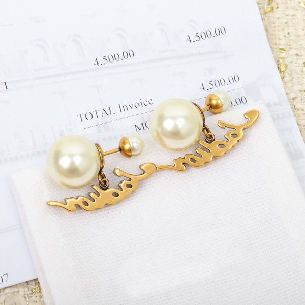 

2022 charm stud earring with pearl beads and words design for women wedding jewelry gift have box stamp ps7103, Golden