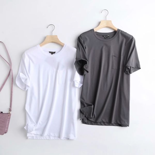 

t shirt 2021 summer women's cotton pocket short sleeve hem slit, White