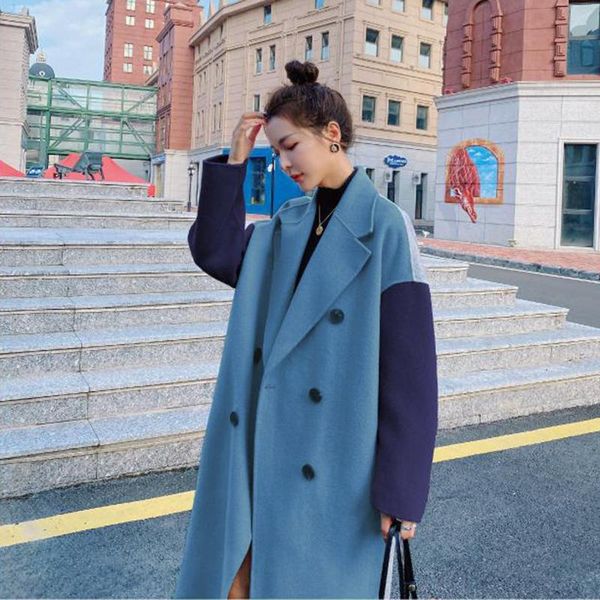 

women's wool & blends collar streetwear all-match loose blue woolen coat 2021 autumn winter sell long double-breasted turn-down, Black