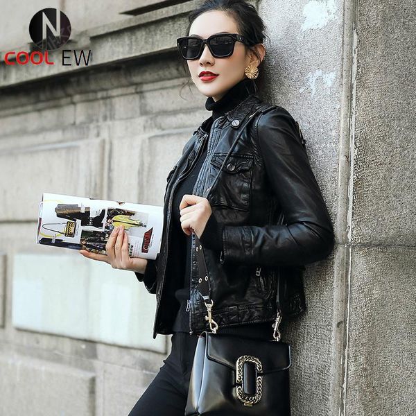 

women's leather & faux women real jacket black sheepskin soft short design slim jackets motorcycle coat