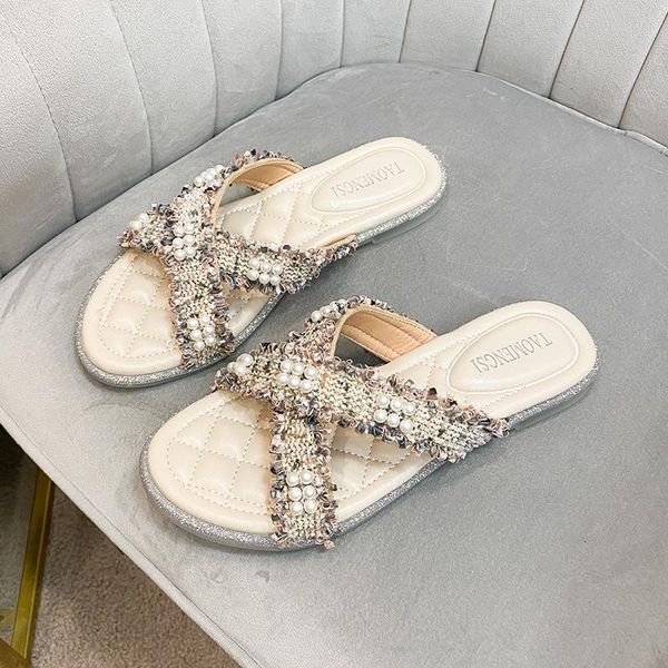 

slippers 2021 summer transparent sandals women wear flat 43 large pearl sequins fashion, Black