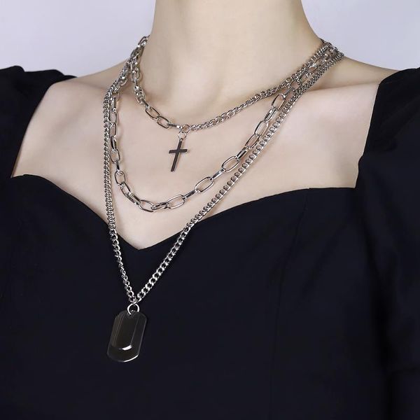 

chokers stainless steel cross pendant necklace men and women retro multi-layer punk hip hop metal chain male fashion jewelry, Golden;silver