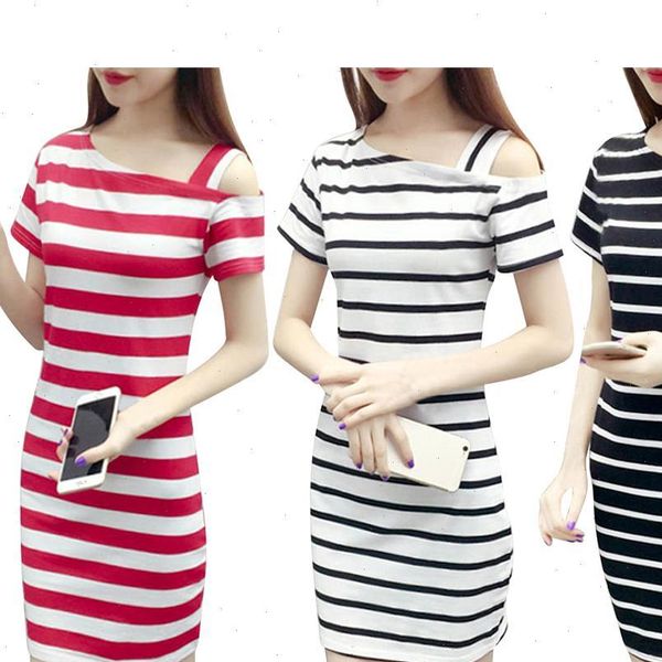 

2019 new boat neck oblique shoulder cotton striped short sleeve casual dress slim summer dresses drop shipping, Black;gray