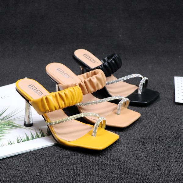 

2021 new south korean version of high heels women's shoes slim high heels rhinestone sleeve toe-shaped outdoor wear slipper, Black