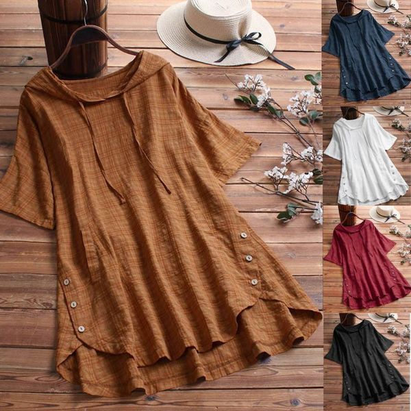 

women's blouses & shirts blouse summer fashion plaid button hooded high low plus size with pokcets blusas mujer de moda 2021 camisa, White