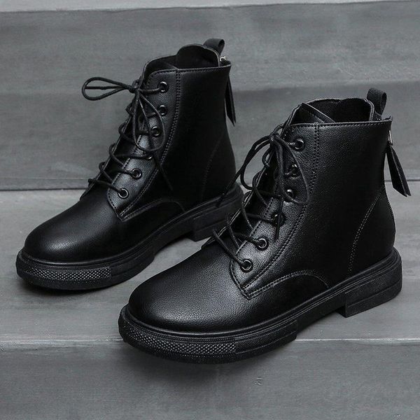 

boots spring/autumn 2021 leather women ankle fashion square heel lace-up shoes black soft bottom short for