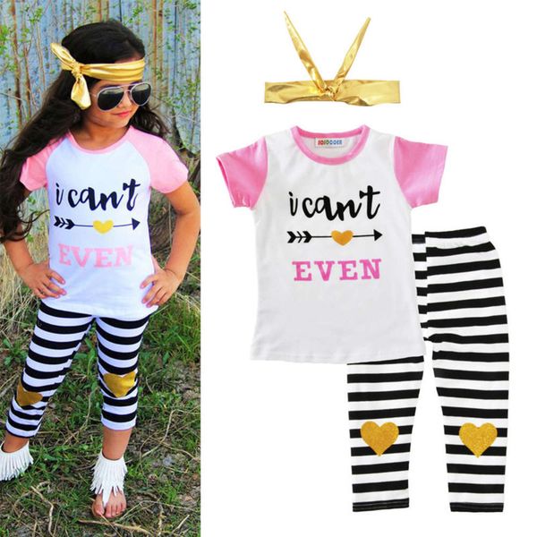 

girls' spring summer baby three piece suit letter arrow t-shirt stripe pants hair band children's clothing, White