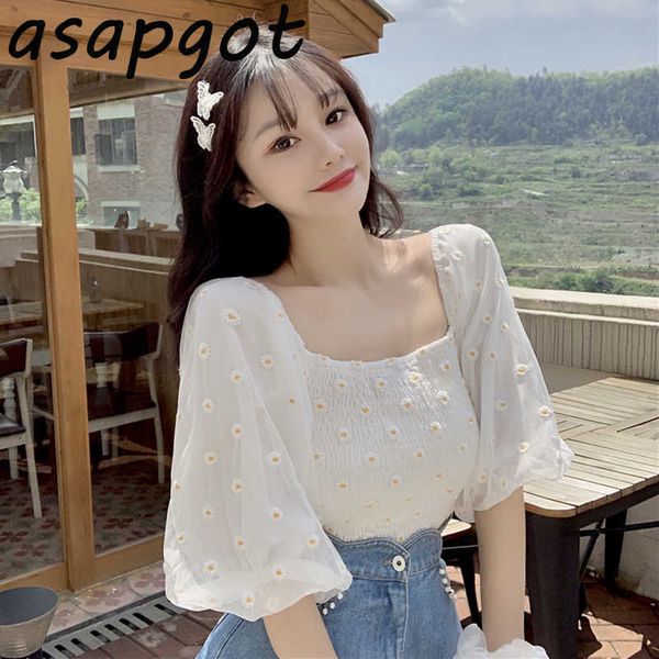 

blouses & shirts sweet girls fashion summer fresh korean square neck lantern short sleeve daisy embroidery blouse chiffon 210610, White