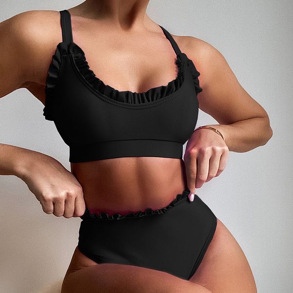 

vigorshely high wist swimwer women 2021 ruffle bikini set strpped swimsuit femle push up bikini bthing suit swim wer, White;black