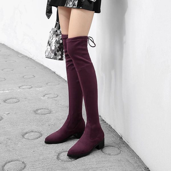 

boots fashion elastic fabric large size long women's were thick heels suede autumn over-the-knee women winter, Black