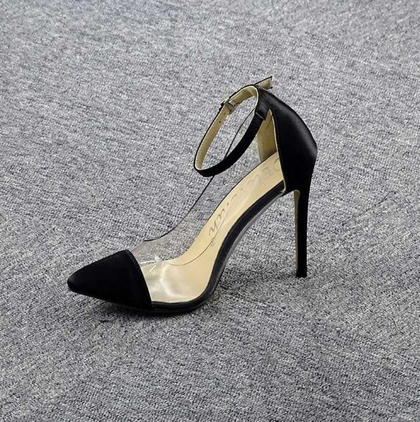 

sandals heels shoes europe and america pointed color matching light mouth stiletto transparent women's size 41 43, Black