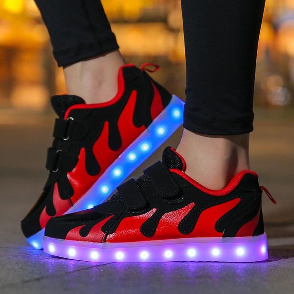 

sneakers size 25-40 usb charging children boys luminous shoes for girls led couple light up glowing shoe, Black;red