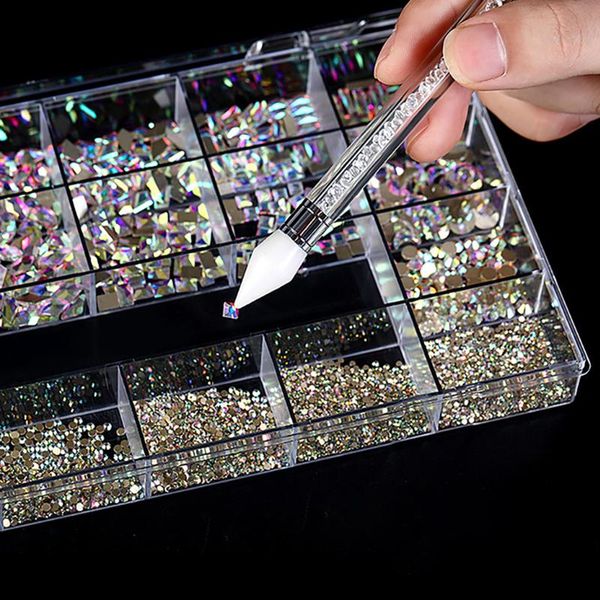 

nail art decorations (50*14+2340) ab grystal rhinestones+1pc dotting pen in bling box ss4-ss20 fix flatback crystal glass stones 30, Silver;gold