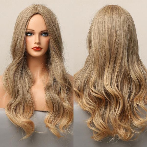 

synthetic wigs long body wave gray brown blonde for women afro american middle part heat resistant cosplay use party daily, Black