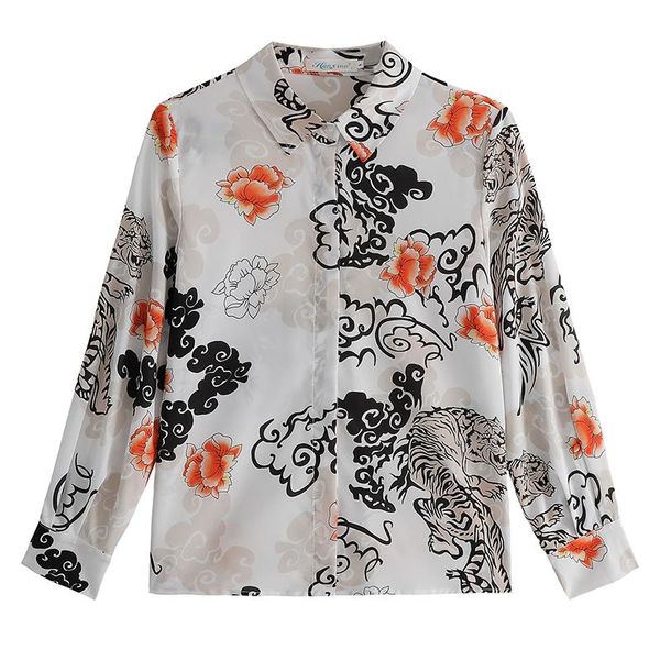 

women's blouses & shirts lukaxsikax 2021 spring autumn women long sleeve shirt retro pattern print silk casual, White
