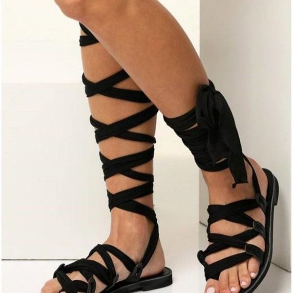

sandals summer women flat cross-strap bandage breathable peep toe gladiator shoes, Black