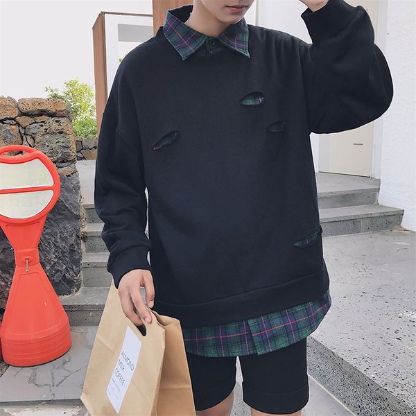 

2021 new spring men's false two piece holes pullover loose coats hoodies cotton clothing casual black/white color sweatshirts s-xl 00s7