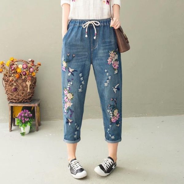 

women's jeans -3xl floral embroidered blue casual slim 8/10 denim pants