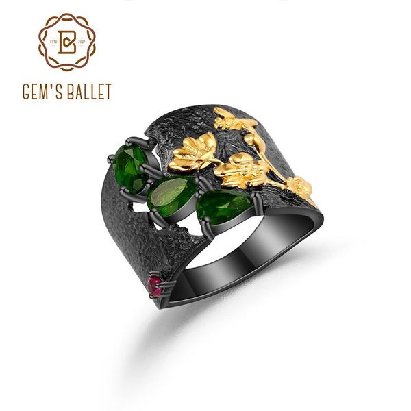 

cluster rings gem's ballet natural chrome diopside for women jewelry 925 sterling silver handmade flower black band ring, Golden;silver