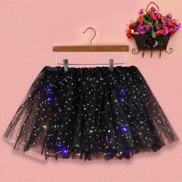 

skirts women star sequins mesh pleated tulle princess skirt with led small bulb ruffles tutu lace girl dance party, Black