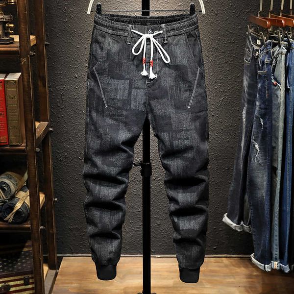 

men jeans autumn winter fashion casual loose denim pants 2021 new man elastic waist drawstring pocket motion denim trousers, Blue