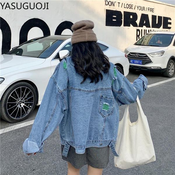 

yasuguoji jeans coat women's loose korean-style short i all-match hole long sleeve student 2021 autumn denim jacket, Black;brown