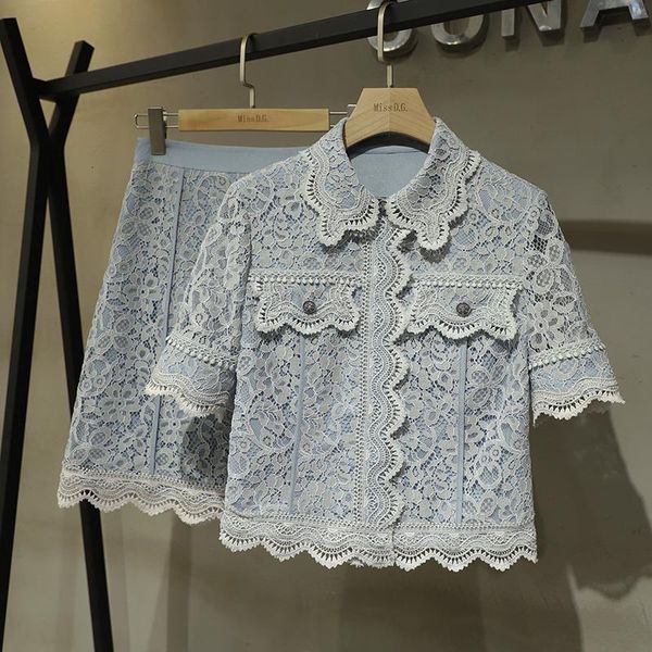 

fashion designer summer lace two piece set women sweet hollow out shirt high waist a-line hook flower sweet skirt set, Gray