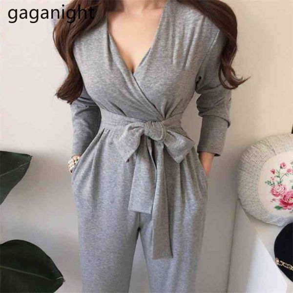 Vintage Solide Frauen Overall Sexy Tiefem V-ausschnitt Playsuit Elegante Spitze Up Bogen Büro Dame Bodysuit Hohe Taille Lange Hosen 210601