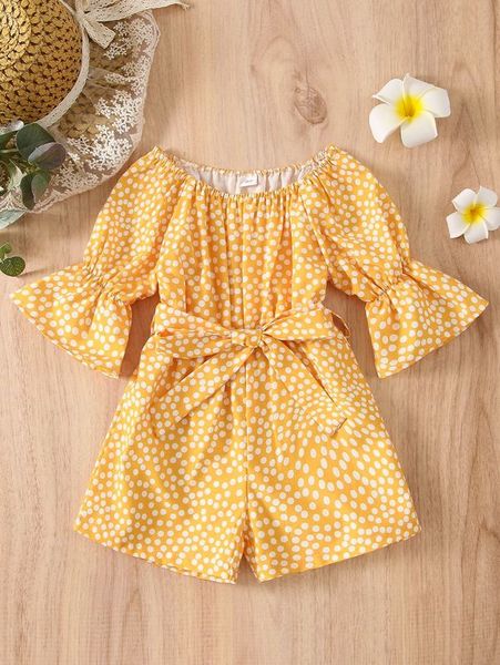 

baby polka dot flounce sleeve belted romper she, Blue