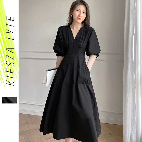 Hepburn Schwarzes Kleid Puffärmel Sommer V-Ausschnitt Französischer Stil Hohe Taille A-Linie Partykleider Elegante Damenbekleidung 210608