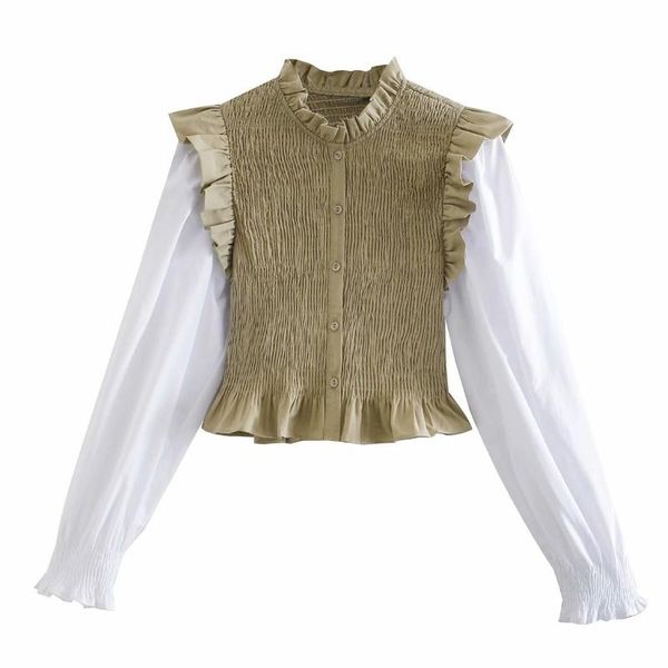 

women's blouses & shirts 2021 spring women elastic pleated splicing blouse female ruffle long sleeve shirt lady loose blusas s8372, White